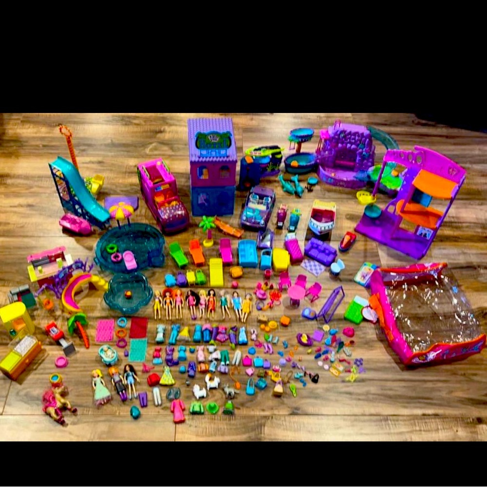 VTG POLLY POCKETS COLLECTION 290+ PIECES 2000's HOUSE ,CAR,BOAT, POOL-CARS- EUC!